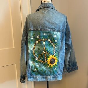 Women's Blue Boho Jean Jacket with Peace Sign and Sunflower Design